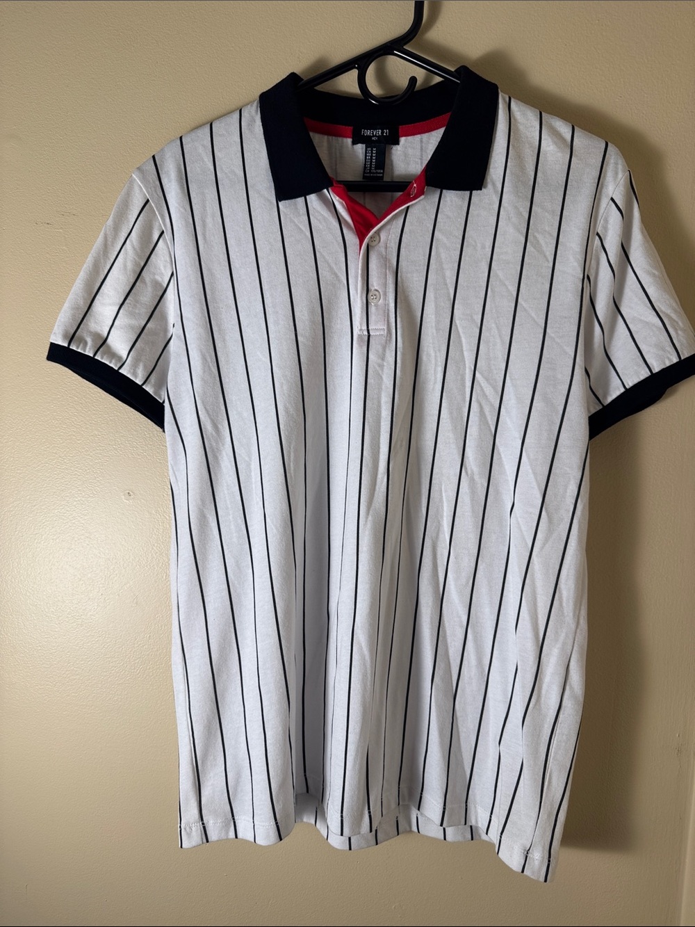 Forever 21 Men’s White Polo with Black Pinstripes and Red Trim